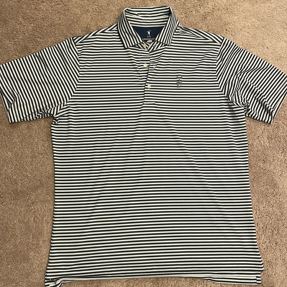 Fairway & Greene golf polo. Size L. Navy blue and white stripe.